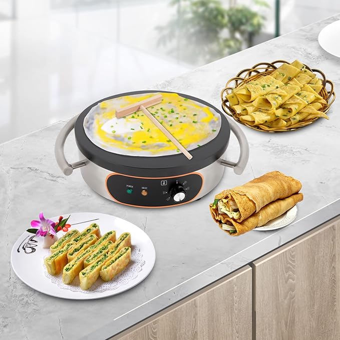 16" Crepe Maker 1500W 110V Commercial Electric Crepe Maker Non-Stick Pancake Baking Machine Single Pan Pancakes Maker Adjustable Temperature Control for Pancake Pan Griddle BBQ