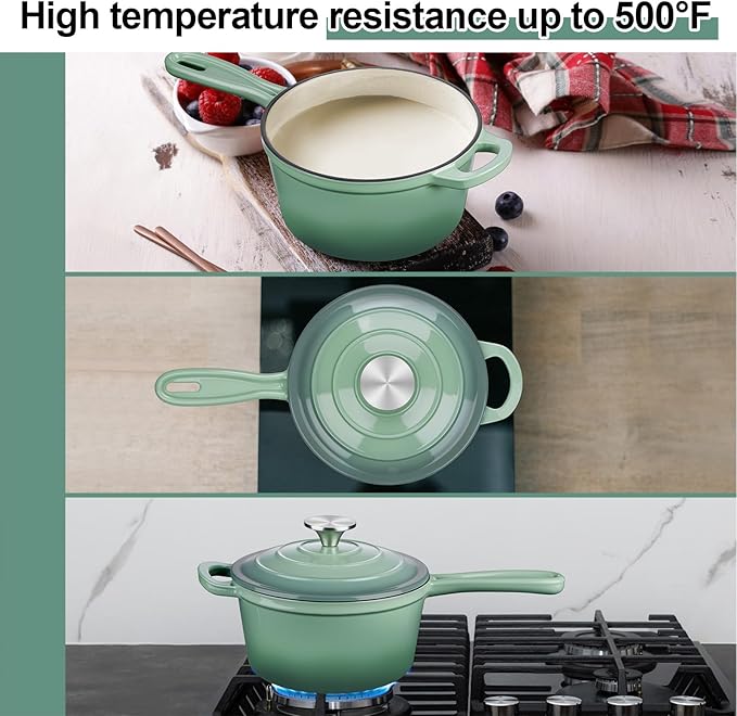 2 Quart Saucepan with Lid, Leonyo Enameled Cast Iron Sauce Pan, Enamel Dutch Oven Kitchen Cookware for All Cooktops Making Pasta Sauce, Oatmeal - Up to 500°F & 6.7Lbs, Pistachio Green