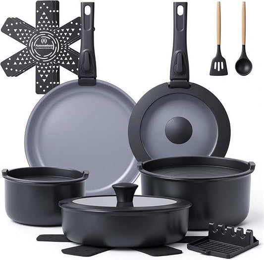 Ammeloo 18 Pcs Ceramic Pots and Pans Set Non Stick Kitchen Cookware Set with Detachable Handle, Non Toxic Cooking Set with Removable Handle for RVs, Camping, Fridge, Dishwasher/Oven Safe