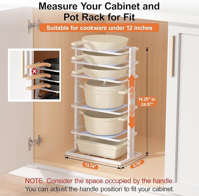 LAMU Pots and Pans Organizer for under Cabinet, 6-Tier Heavy Duty Pan Pot Organizers inside Cabinet Adjustable 14 to 24.57", Pot Rack Kitchen Cabinet Organization and Storage Holds up to 12" Cookware