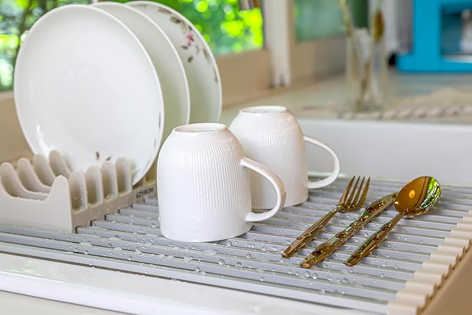 Aluminum Roll Up Dish Drying Rack Over Sink - Supports up to 55 lbs | Heavy Duty Square Bar | Rust-Free Anodized & Heat Resistant Cooling Rack with Removable Dish Holder (Beige, Large)