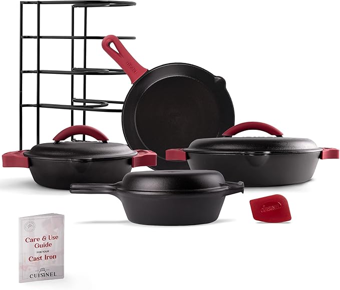 Cuisinel Cast Iron 16-Piece Pre-Seasoned Cookware Set - 8" + 12" Braiser Pans + Cast Iron Lids + 10" Skillet + 2-in-1 Multi-Cooker + 12" Organizer + Scraper + Silicone Handle Covers - Fire, Oven Safe