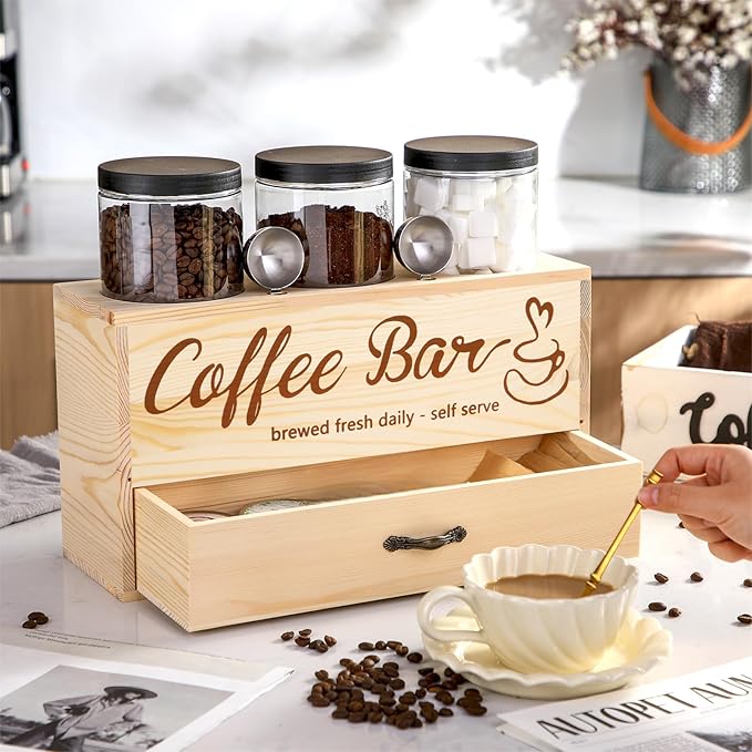 3 Pcs Coffee Canister Set with Shelf and Spoon Plastic Coffee Bean Storage Container with Lids Coffee Storage Box with Drawer Food Storage Jars for Coffee Bar Kitchen (Wood Color)