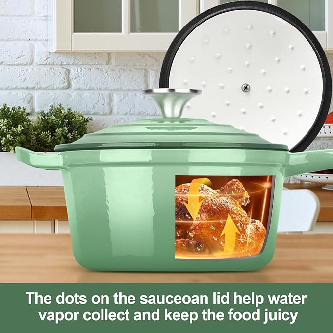 HaSteeL 2 QT Cast Iron Saucepan, Mini Enamel dutch oven with lid, Small Non Stick Pan for Milk, Pasta Tomato Sauce, Butter, Breakfast, Soup, Suitable for Boiling Stewing Frying, Easy to Clean, Green