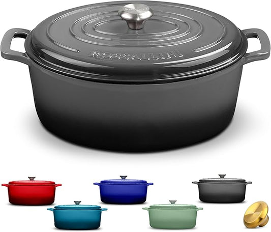 Signature Enameled Cast Iron Oval Dutch Oven | Non-Stick Serving Pot with Tight Fitting Lid for Perfect Roasting, Baking, Sauteing, and Bread Making | 8Q [Oyster Grey]