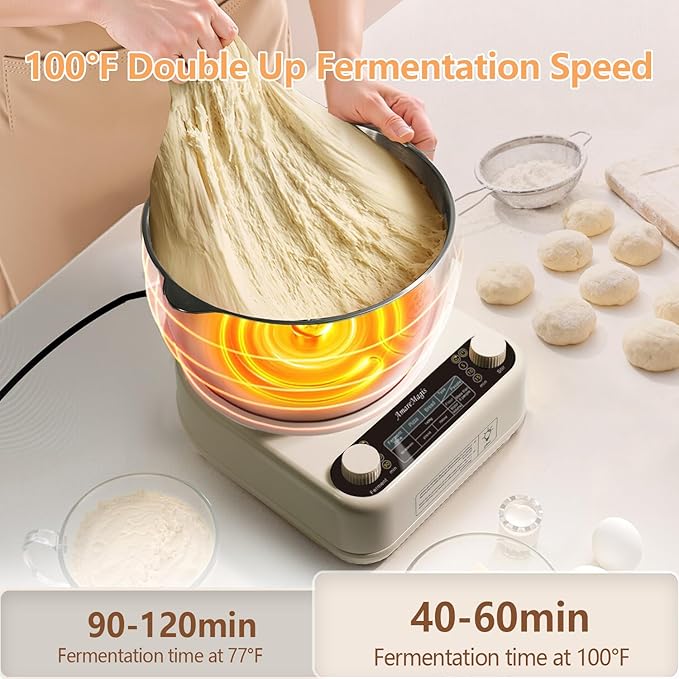 Electric Dough Maker with Ferment Function, 5.34QT Dough Mixer Machine, Household Flour Kneading Machine for Baking Bread Pizza Dough, Open Top Design, 304 Stainless Steel, White