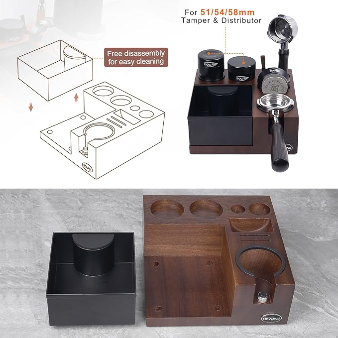 IKAPE V5 Espresso Knock Box, Espresso Coffee Organizer Box Fit for Storage 51, 54, 58MM Espresso Tamper, Distributor, Portafilter & Puck Screen Accessories, Natural Walnut Station Base(9 IN One)