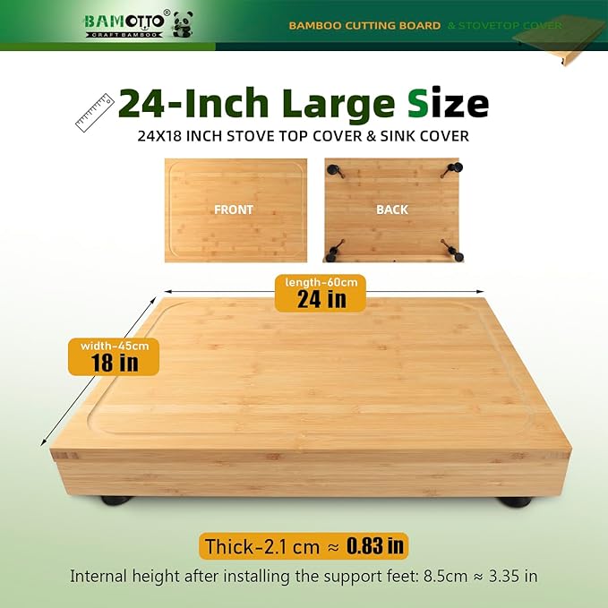 24 x 18 Inch Large Bamboo Cutting Board and Stovetop Cover, Over-the-Sink Board with Detachable Support Legs & Secure Front Lip, Carving and Pasta Board