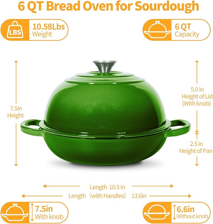 ONKO Dutch Oven For Sourdough Bread Baking, 6QT Enameled Cast Iron Dutch Oven Pot With Lid, Non-stick Sourdough Baking Pan with Bread Dome, Round Ceramic Dutch Ovens Pot with Cloche for Homemade