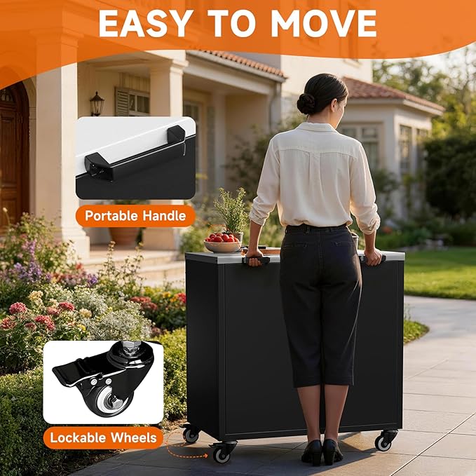 Outdoor Grill Table, Movable Grill Cart with Door, Outdoor Grill Stand with Large Capacity ＆ Hooks, 2 Tier Pizza Oven Table for Outdoor Use