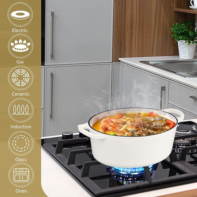 P&P CHEF Oval Dutch Oven with Lid, Enameled Cast Dutch Oven Pot for Bread Baking, Braising, Stewing, Roasting, Non-Stick & Oven Safe, Dual Handles & Easy Clean, 5QT & White, Valentine's Day