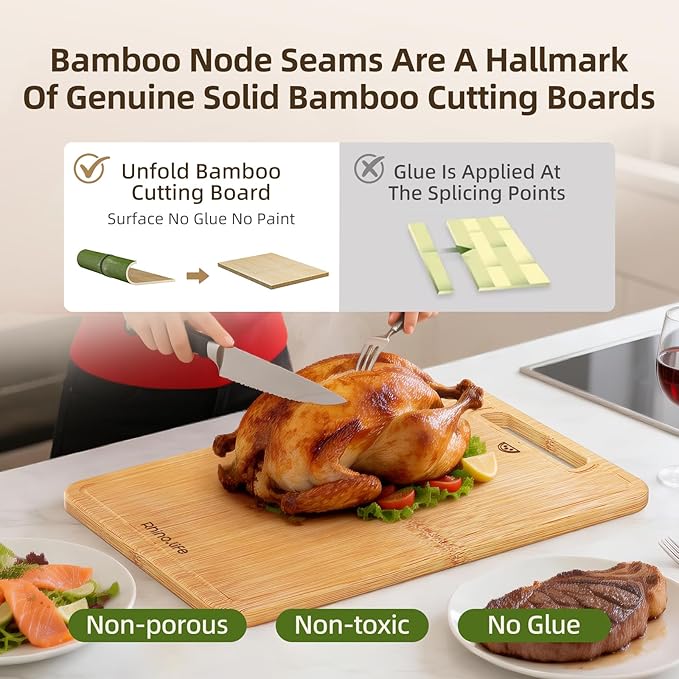 Bamboo Wood Cutting Board 4-Piece Set, Dishwasher Safe, Organic Bamboo, No Glue & Non-Toxic & Healthy, with Juice Groove, Lightweight & Durable, Plastic-Free Kitchen Chopping Board for Meat