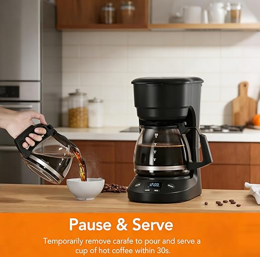 Compact 5-Cup Programmable Drip Coffee Maker — the essential coffee machine with Digital Clock, 24-hour Timer, Auto Shut-Off, and a Removable Filter Basket for Home & Office.