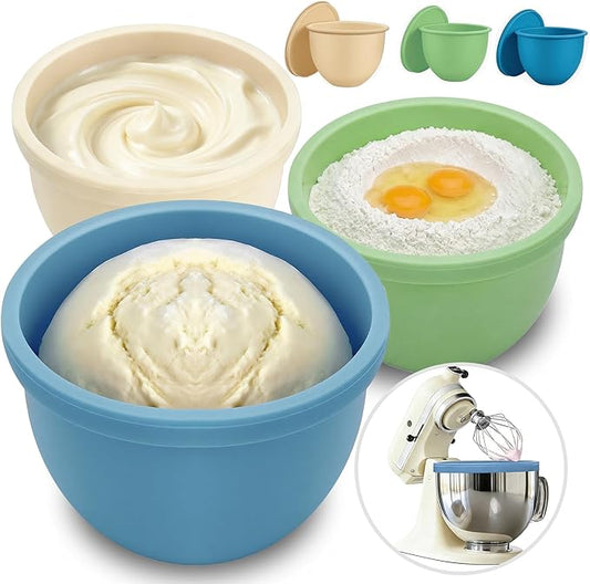 GuanQiao Silicone Bowl Liners for 5 Qt KitchenAid Mixers, 3 Liners with Lids, Blue/Beige/Green