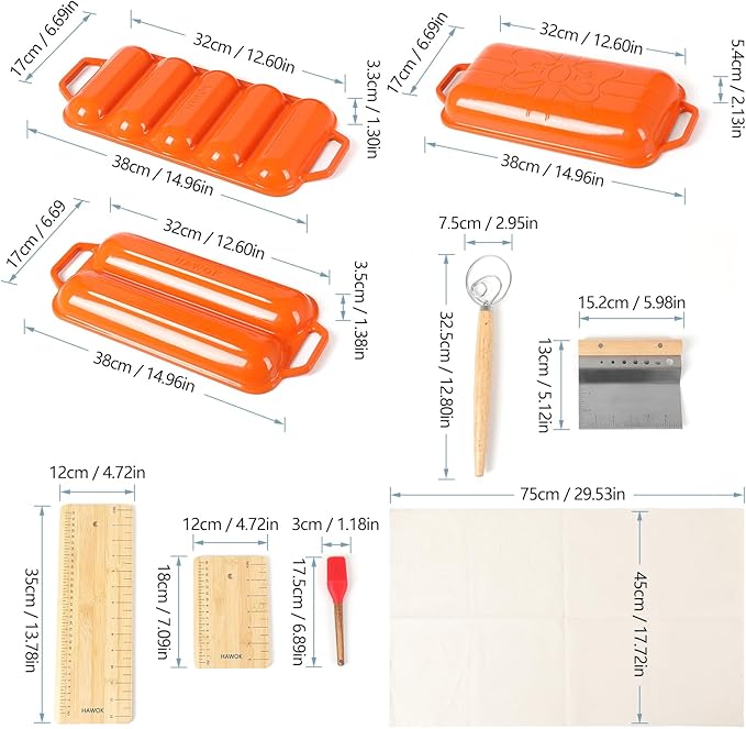 HAWOK Enameled Cast lron Baguette Bread Baker, 3-in-1 Baking Set with Full Baguette Tray, 5-Slot Mini Roll Tray & Reversible Lid Pan, 15 x 6.7 inch, Orange