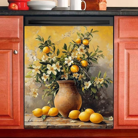 Lemon Floral Vase Dishwasher Magnet Cover, Rustic Flowers Refrigerator Magnetic Vinyl Sticker for Dishwasher Door, Decorative Kitchen Appliance Panel Decal, 23Wx26H Inches