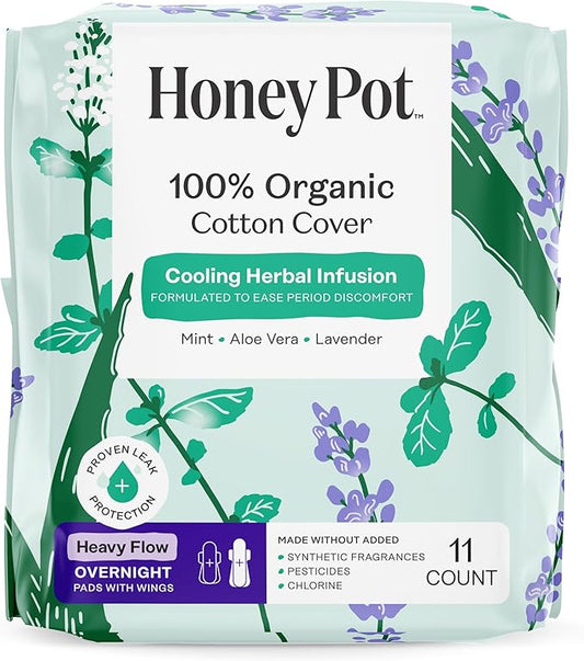 The Honey Pot Company - Herbal Sanitary Pads for Women - Heavy Flow Overnight w/Wings - Infused w/Essential Oils for Cooling Effect & Organic Cotton Cover - Feminine Care - 11 ct