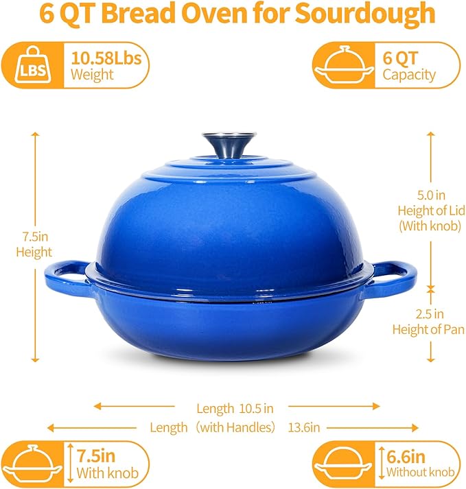 ONKO Dutch Oven For Sourdough Bread Baking, 6QT Enameled Cast Iron Dutch Oven Pot With Lid, Non-stick Sourdough Baking Pan with Bread Dome, Round Ceramic Dutch Ovens Pot with Cloche for Homemade