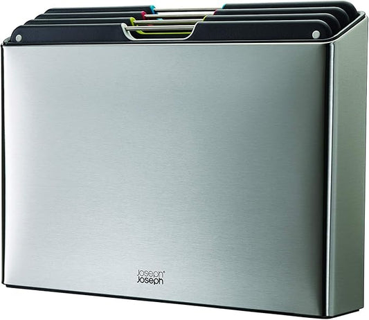 Joseph Joseph Folio 4-Piece Colour coded Cutting Board Set, Stainless Steel Slimline case for organized Kitchen storage, Silver