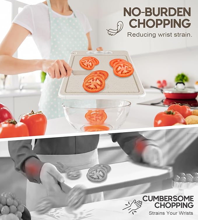 Double Sided 304 Stainless Steel & Wheat Straw Cutting Board, 14.4"*9.8" Non Toxic Lightweight Chopping Board, Separately Handle Meat and Vegetables, Dishwasher Safe, Scratch Resistant Mesh Design