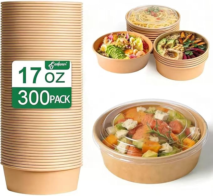 300 Pcs Disposable Round Paper Bowls with Lid 17 oz, Microwave Deli Containers Leakproof Acai Bowls, Salad Bowlwith Lid for Lunch, Disposable bowls with lids for Soup Toppings Snack Camping Family