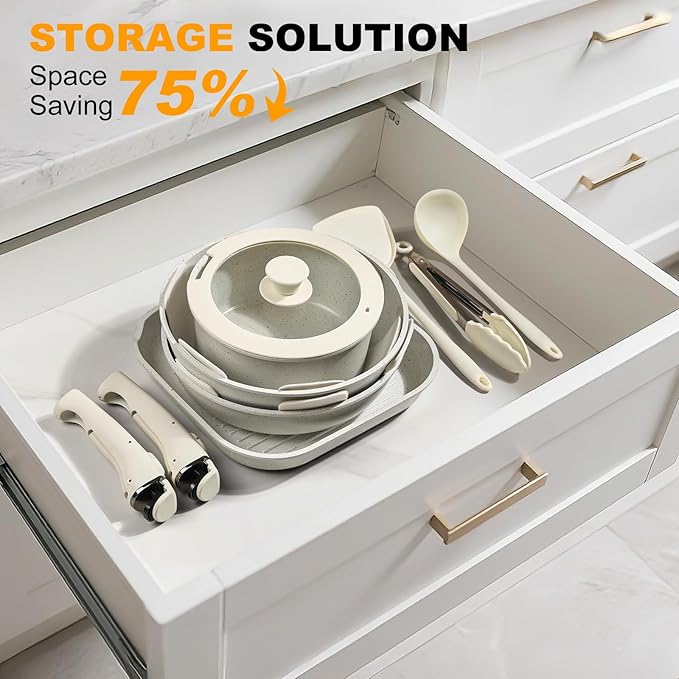 21 Pcs Pots and Pans Set Non Stick, Ceramic Cookware Set Detachable Handle, RV Kitchen Cooking Set Removable Handles, Oven Safe, Induction ReadyStackable Non-stick set Cream White