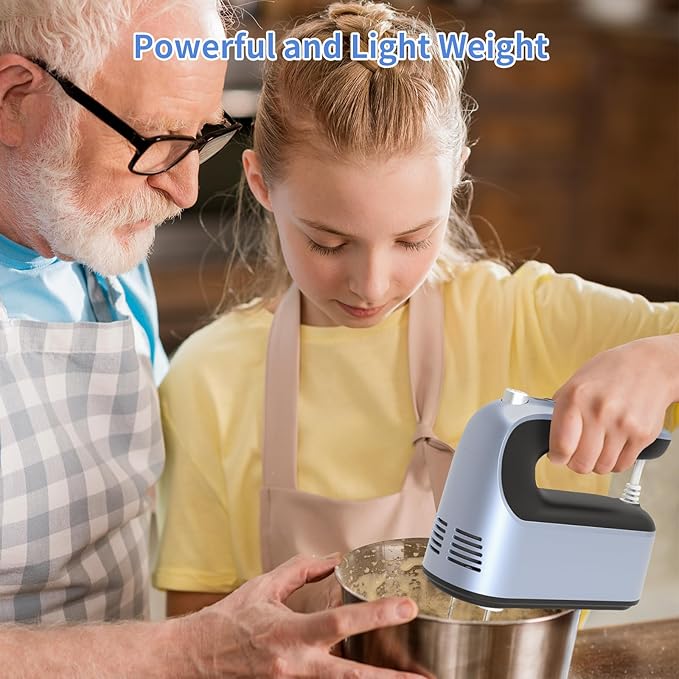 9-Speed Digital Hand Mixer Electric, 400W Powerful DC Motor, Hand Mixer Electric Handheld with Snap-On Storage Case, 5 Stainless Steel Accessories, Beaters, Dough Hooks, Whisk(Ocean Blue)