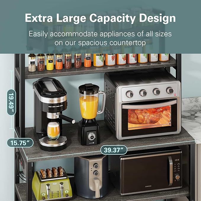 Denkee Large Bakers Rack with Power Outlets, 38 Inch Microwave Stand with Storage, 5-Tier Coffee Bar Stand, Industrial Kitchen Shelf Rack, Grey
