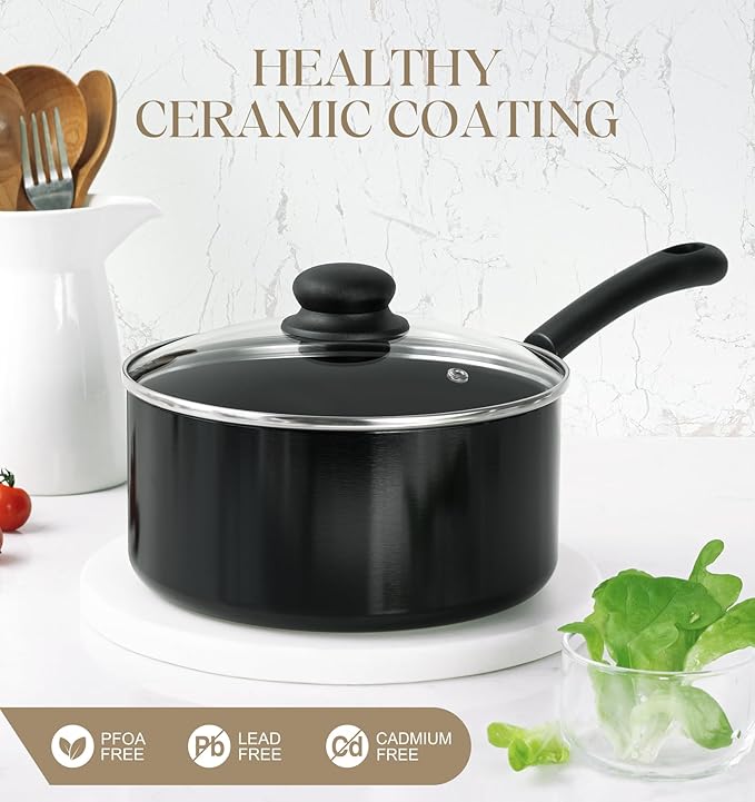 MICHELANGELO Nonstick Saucepan with Lid, Ceramic Sauce Pan Sets with Steamer, Easy to Clean Sauce Pans, Multi-Purpose Cooking Pots, 1QT & 2QT & 3QT, with Steamer, Black