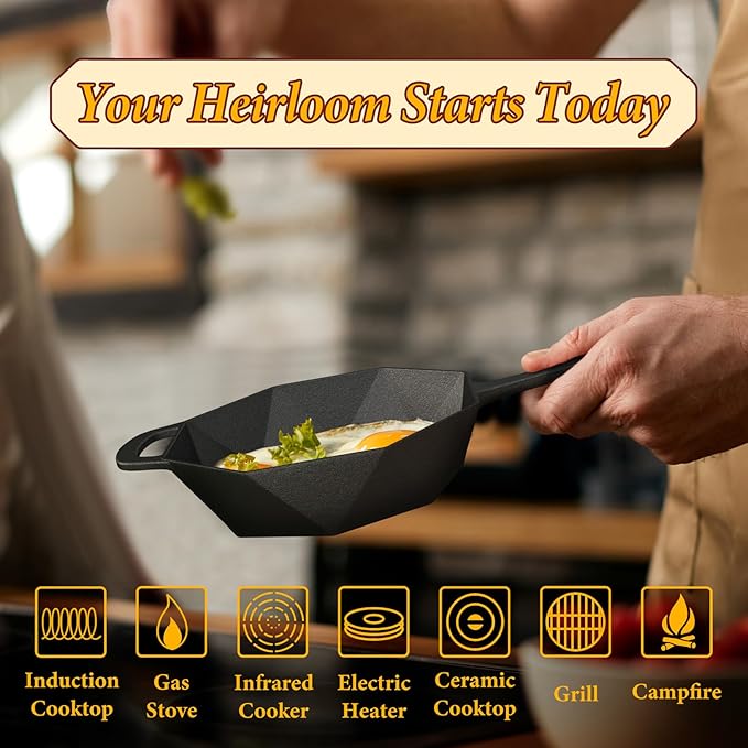 Dual-Layer Wood Stove Steamer/Humidifier + 6.5 Inch Octagon Cast Iron Skillet with Lid – Multi-Functional for Steaming, Frying, Baking & Stove