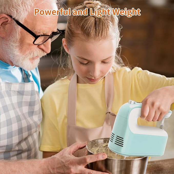 9-Speed Digital Hand Mixer Electric, 400W Powerful DC Motor, Hand Mixer Electric Handheld with Snap-On Storage Case, 5 Stainless Steel Accessories, Beaters, Dough Hooks, Whisk(Ice Blue/White)