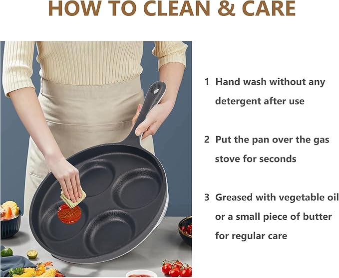 4-Cup Cast Iron Fried Egg Pan 9.5” Pancake Pan Burger Omelet Cooker Griddle Egg Skillet for Breakfast, Kitchen Cookware for Gas Stove & Induction Cooker