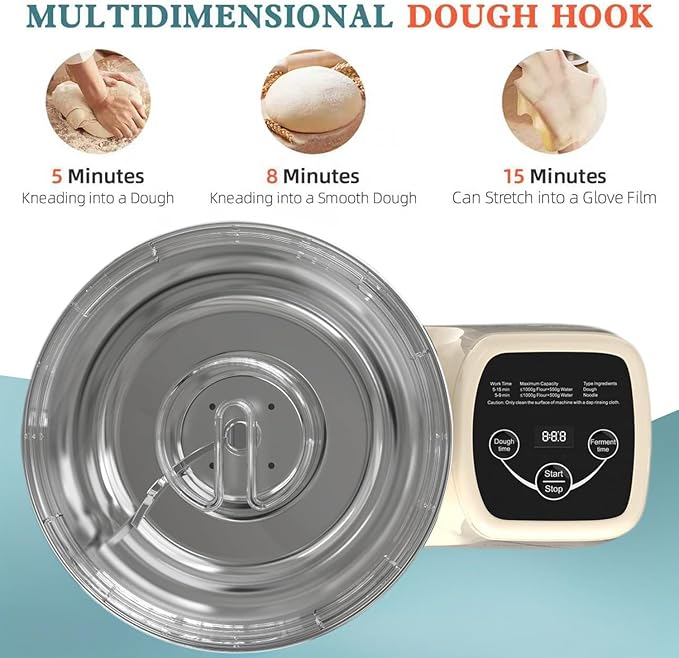 Electric Dough Mixer Maker 5.5 QT, Fermenting and Kneading Flour Mixer Machine with 304 Stainless Steel Bowl & Smart Timing for Baking Bread Cake Pizza Roti Dumpling Dough & Sourdough
