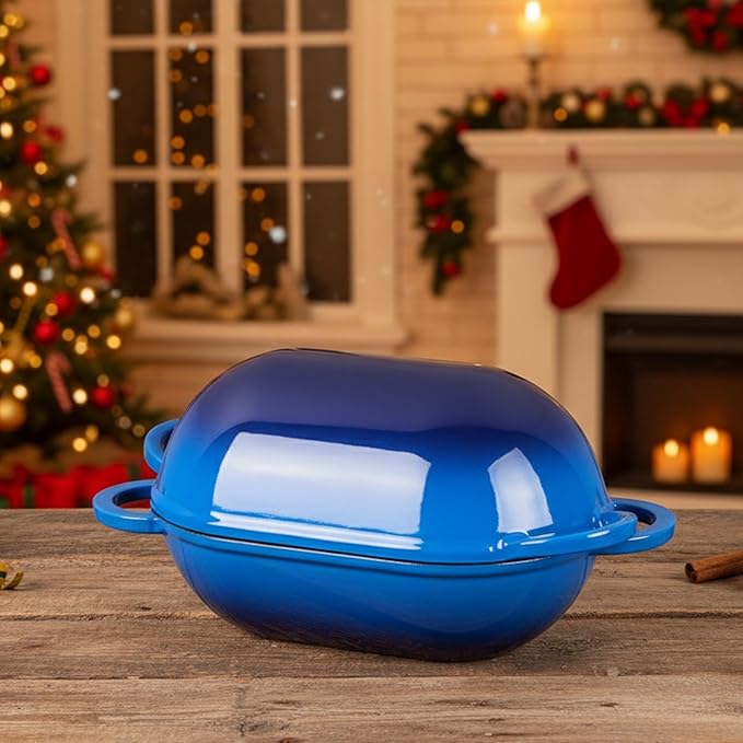 Onader Enameled Cast Iron Oval Dutch Oven Pot with Lid, 2.8QT Dutch Oven for Sourdough Bread Baking, Cast Iron Bread Pan, 9x5-1/2 Inch Loaf Meatloaf Pan, Heavy Duty - Blue