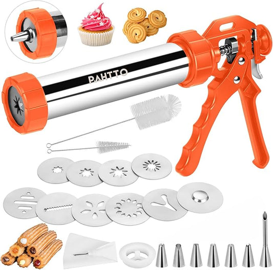 Churro Maker Machine, 3-in-1 Multifunctional Hollow Churros Machine, Churreras para Churros, Stainless Steel Churro/Cookie Making Kit with Piping Bag, 2 Brushes, 10 Discs and 7 Icing Piping Nozzles
