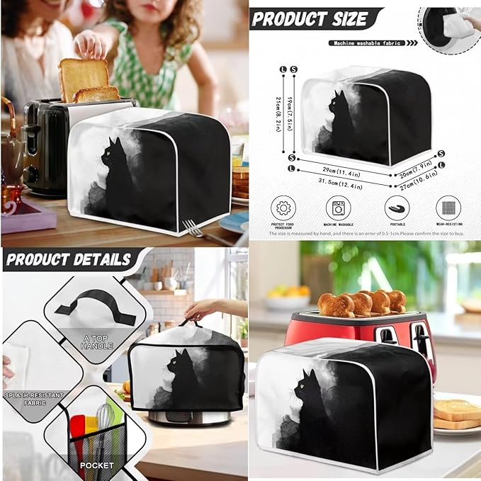Ink Painting Black Cat Pattern Toaster Covers 2 Slice Wide Slot,3Pcs Set Christmas Bread Machine Cover Slow Cookers Cover Blender Covers with Top Handle and Accessories Pocket Counter Decor