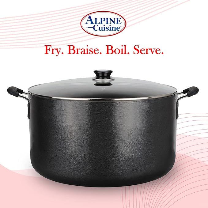Alpine Cuisine 38 Quart Non-stick Stock Pot with Tempered Glass Lid and Carrying Handles, Multi-Purpose Cookware Aluminum Dutch Oven for Braising, Boiling, Stewing