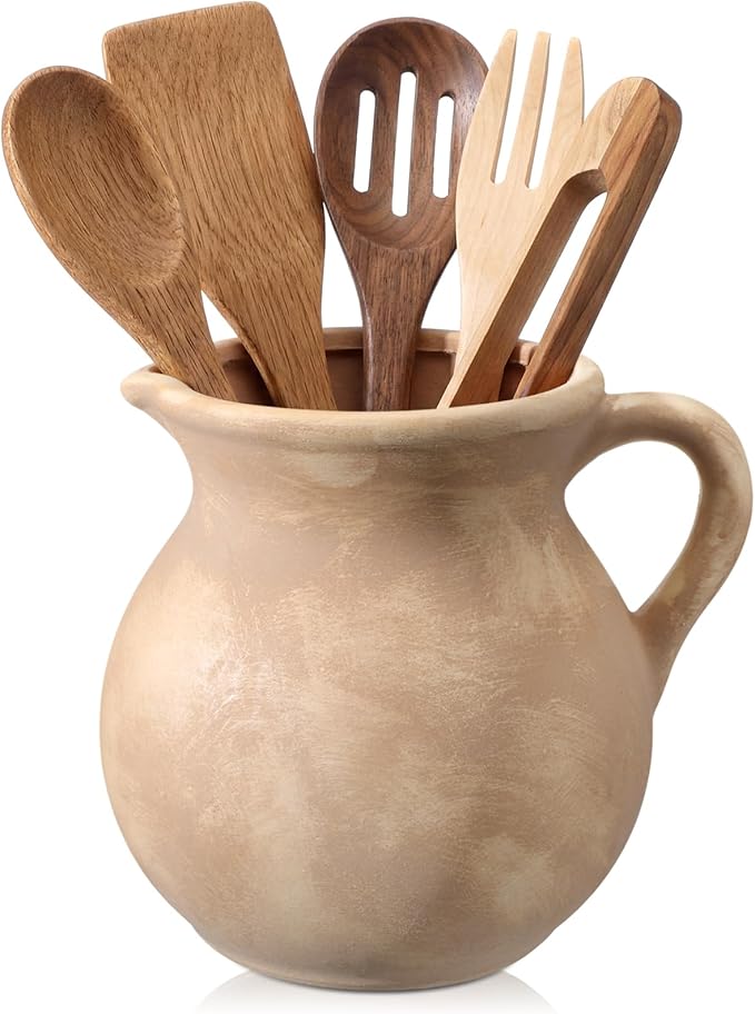 Rustic Kitchen Utensil Holder with Handle,7 Inch Ceramic Vintage Utensil Crock for Countertop, Farmhouse Kitchen Decoration Ceramic Pot for Spatulas Spoons Tongs (Classic,Antique Beige)