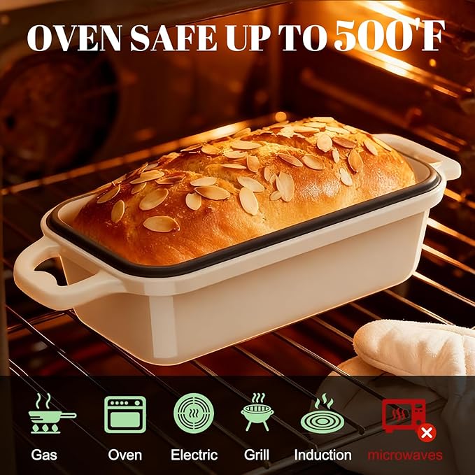 Enameled Cast Iron Sourdough Bread Dutch Oven, Cast Iron Loaf Bread Pan for Homemade Bread Baking, 2PCS 9 x 5Inch Meatloaf Pan with Lid, Oven Safe, Cream