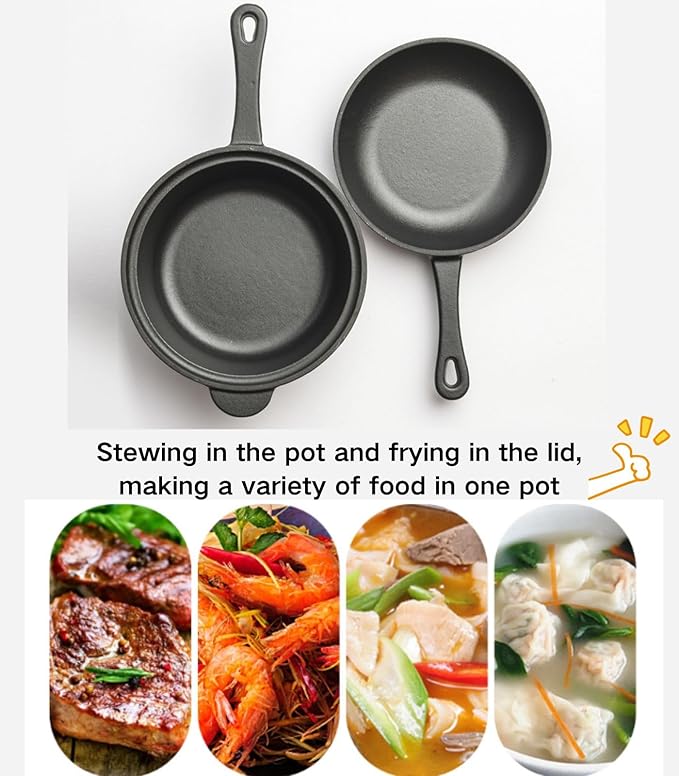 1.6 Quart Cast Iron Pot, Cast Iron Saucepan, 2-in-1 Pre-Seasoned Cast Iron Dutch Oven Pot Set with 6.5Inch Frying Cast iron skillet, Camping Cookware & Sauce Pan for Indoor & Outdoor Recipes