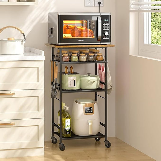 Rolling Kitchen Microwave Cart, 4 Tier Microwave Table Stand with Storage, Kitchen Storage Rack on Wheels, Coffee Station Cart Rack Shelf Organizer for Living Room Office, Balcony
