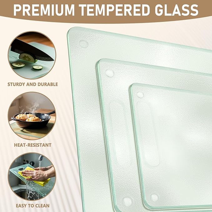 3 Pack Glass Cutting Boards for Kitchen Counter, Clear Tempered Glass Cutting Board Set with Handle (16"x12" & 12"x8" & 9"x6"), Scratch Resistant, Dishwasher Safe, Non-toxic, Easy to Clean