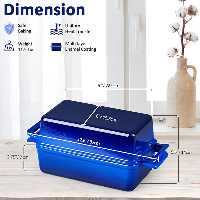 Leonyo 9 x 5 inch Cast Iron Loaf Pan Set of 2, 2-in-1 Enameled Sourdough Baking Pan with Lid, Homemade Bread Dutch Oven for Pound Cake, Lasagna, Up to 500℉ & Blue