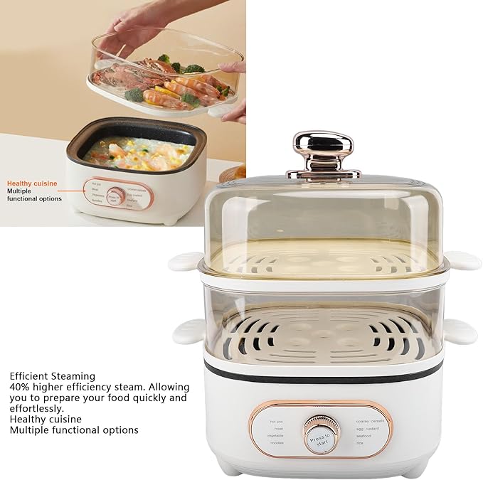 1200W Electric Food Steamer, 10.5L 2 Tier Steamer Pot, Steaming Cookware with 10.5L Stackable Baskets and 2.5L Electric Hot Pot, Vegetable Steamer Cooking Pot for Vegetables (US