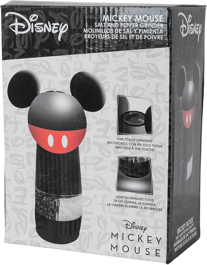 Uncanny Brands Disney Mickey Mouse Salt and Pepper Grinder – Dual Chamber Electric Mill with Adjustable Coarseness and LED Light – Battery Powered