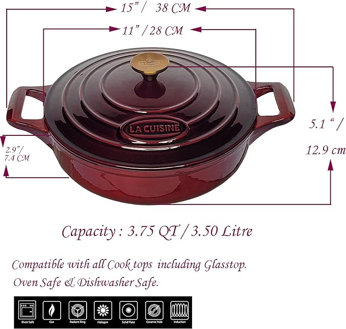 La Cuisine Cast Iron Braiser Shallow Dutch Oven Braising Saute Pan 3.75 QT 11" Dia. Internal Matte Black Enamel Coating, Oven Safe up to 500° F Cranberry