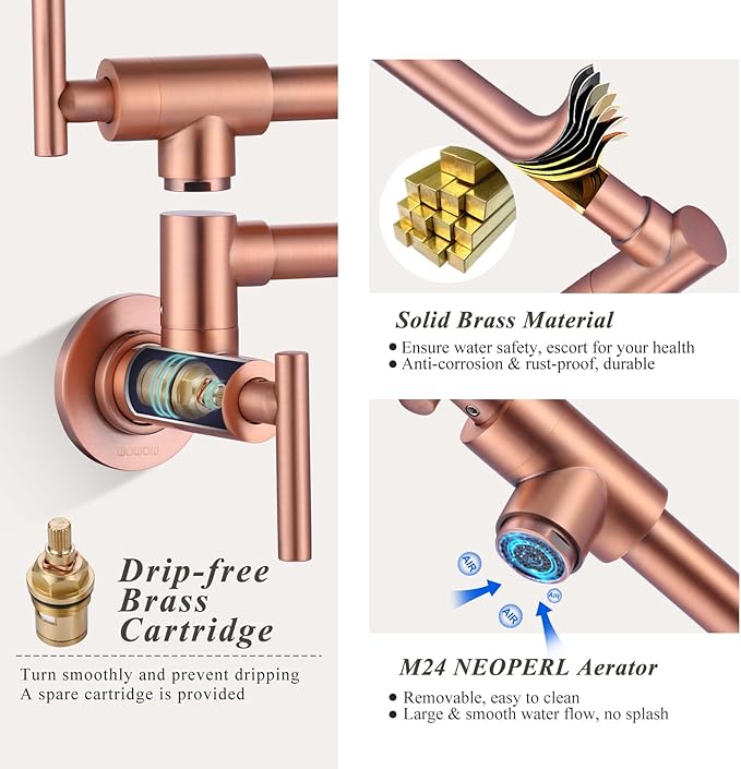 WOWOW Pot Filler Faucet Copper, Brass Pot Filler Wall Mount Kitchen Stove Faucet with Double Joint Swing Arms