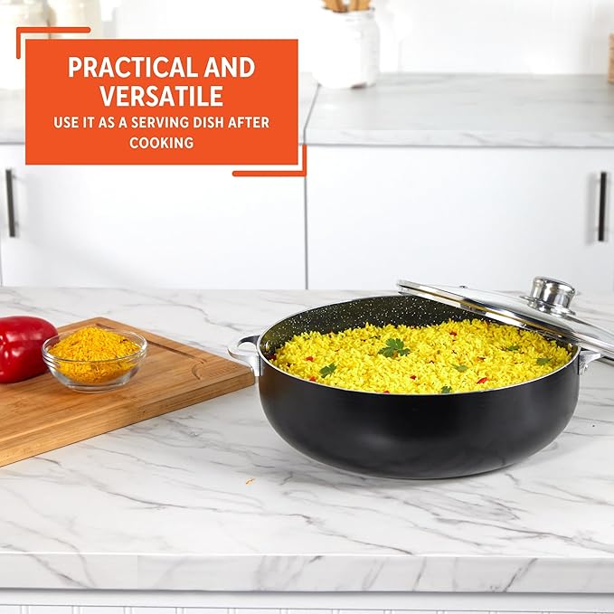 IMUSA 6.9Qt Bistro-Cera Aluminum Speckled Black Ceramic Caldero with Glass Lid, Nonstick Dutch Oven Pot for Rice, Family Meals, and Traditional Cooking, Black