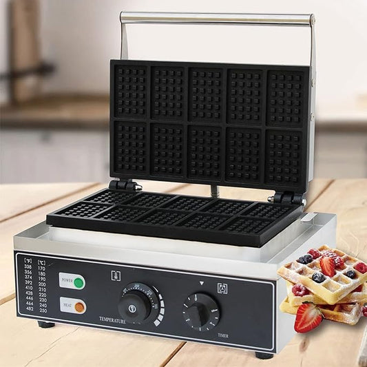 Commercial Non-Stick 110V Electric 10-Slice Waffle Maker Baking Machine, Non-Stick Commercial Electric Waffle Maker, Electric Indoor Waffle Maker Bread Maker with Non-Stick Cast Iron Pan