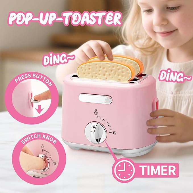 Kids Play Kitchen Accessories Toys Set,Prented Play Kitchen Appliances Playset,Blender,Coffee Maker,Mixer,Toaster with Light & Sound,Kitchen Sets for Kids Age 4-8,Pink Kitchen Toys for Toddler Girls